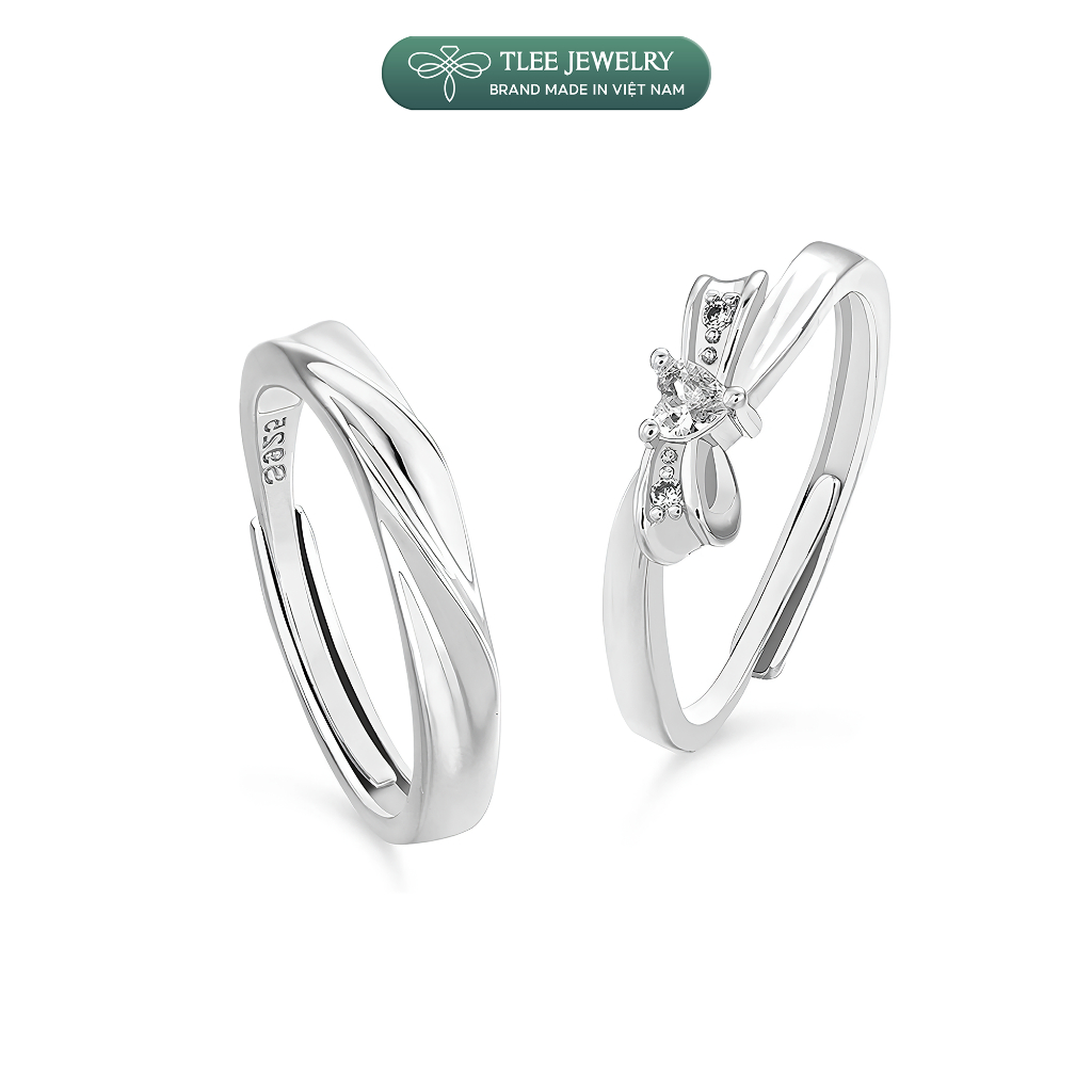 Nhẫn đôi bạc đeo nam nữ TLEE, cặp nhẫn Nơ thắt đính đá trái tim ngọt ngào bạc Ý tự điều chỉnh size TLEE JEWELRY | BigBuy360 - bigbuy360.vn