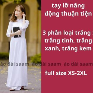 Áo dài học sinh nữ trắng  saam 2 tà tay lỡ cổ V lụa mỹ đồng phục kỉ yếu đi học, họp lớp, họp khóa