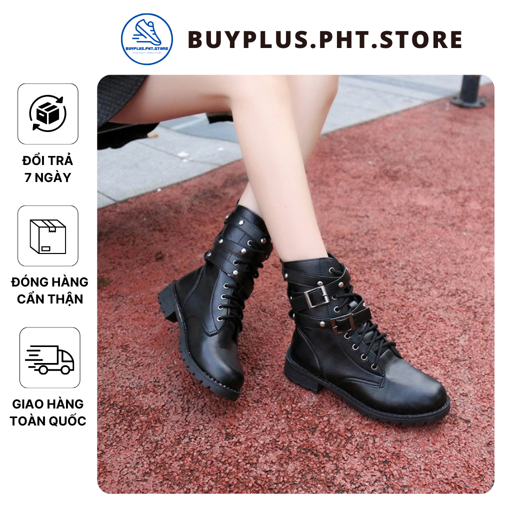 Giày Bốt Martin Da Đế Bằng Cột Dây Chống Trượt Phong Cách Hàn Quốc Thời Trang Cho Nữ