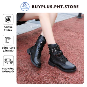 Giày Bốt Martin Da Đế Bằng Cột Dây Chống Trượt Phong Cách Hàn Quốc Thời Trang Cho Nữ