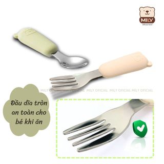 Bộ thìa dĩa inox cho bé tập cầm nắm, tập xúc chính hãng Mily an toàn cho bé ( không kèm hộp đựng )