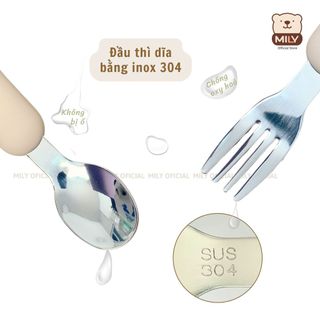 Bộ thìa dĩa inox cho bé tập cầm nắm, tập xúc chính hãng Mily an toàn cho bé ( không kèm hộp đựng )