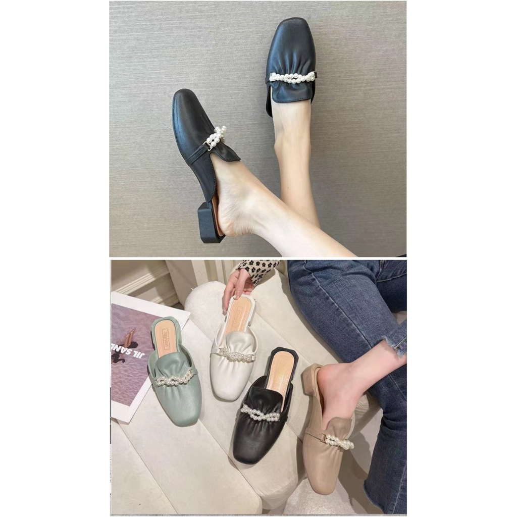 Giày búp bê, giày lười dáng sục đính nơ ngọc trai nhân tạo