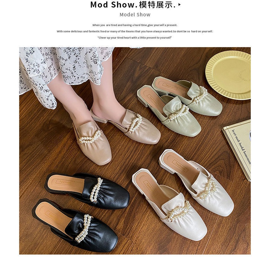 Giày búp bê, giày lười dáng sục đính nơ ngọc trai nhân tạo