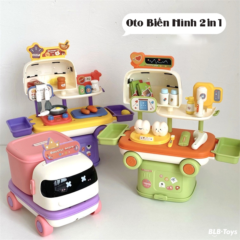 Đồ chơi xe ô tô lưu trữ 2in1 biến hình thành nhà bếp, đồ trang điểm, đồ chơi bác sĩ cho bé khám phá