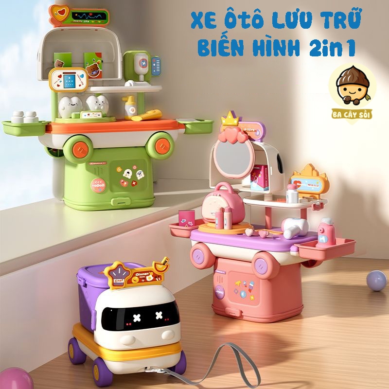 Đồ chơi xe ô tô lưu trữ 2in1 biến hình thành nhà bếp, đồ trang điểm, đồ chơi bác sĩ cho bé khám phá