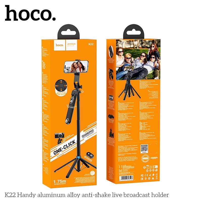 Gậy Chụp ảnh HOCO K22 hỗ trợ điều khiển từ xa giá đỡ điện thoại chống rung có thể kéo dài tối đa 1,75m và gấp gọn.