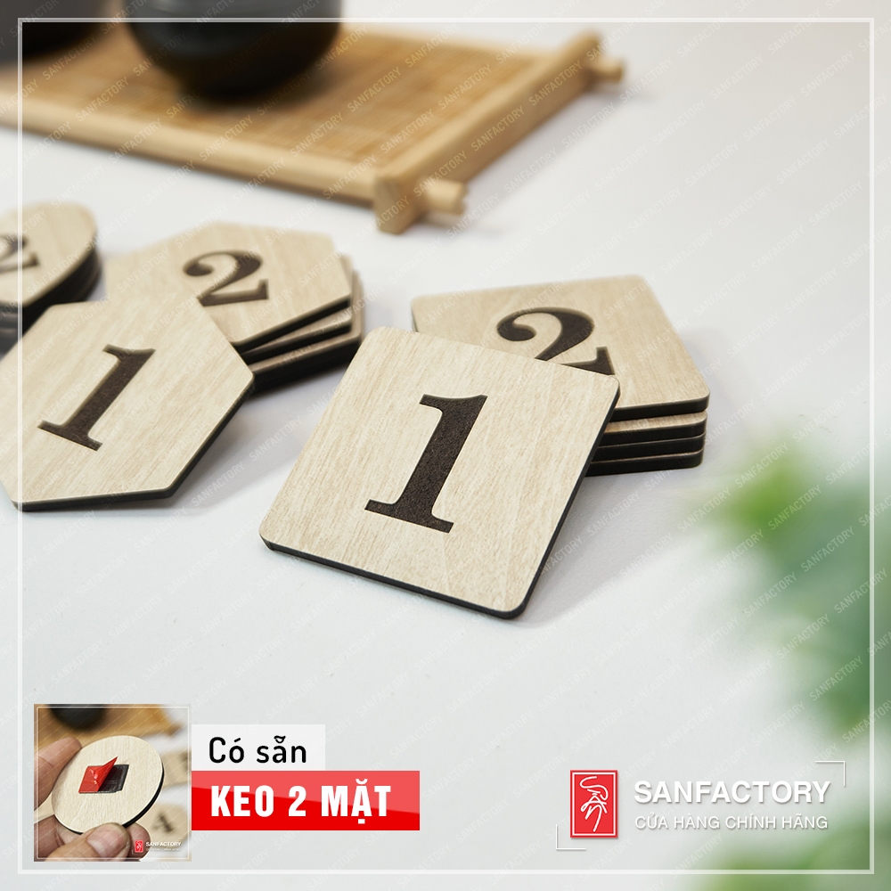 Bảng số đánh thứ tự gỗ có sẵn keo, thẻ hình vuông, hình tòn, hình trái tim..., nội dung theo yêu cầu