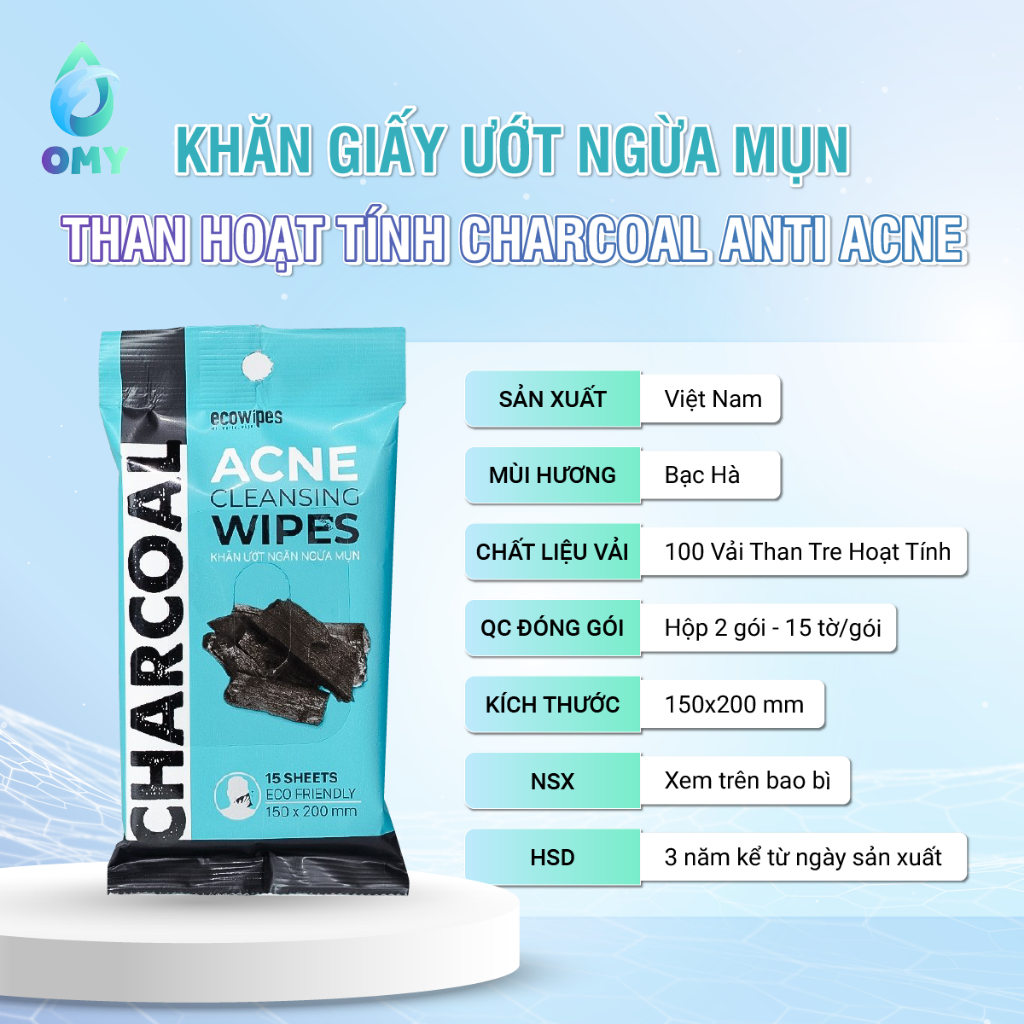 Khăn Lau Ngừa Mụn OMY Thành Phân Than Hoạt Tính Bảo Vệ Da Tối Đa