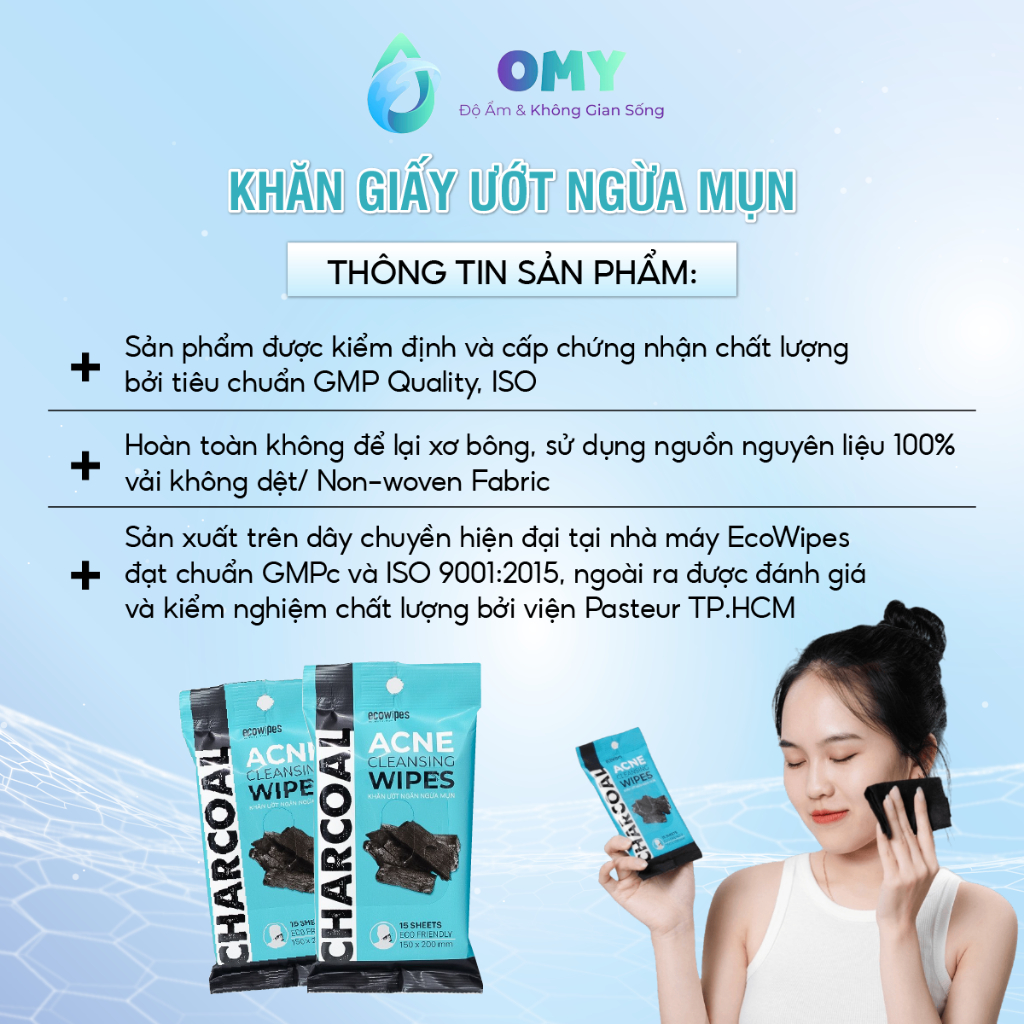 Khăn Lau Ngừa Mụn OMY Thành Phân Than Hoạt Tính Bảo Vệ Da Tối Đa