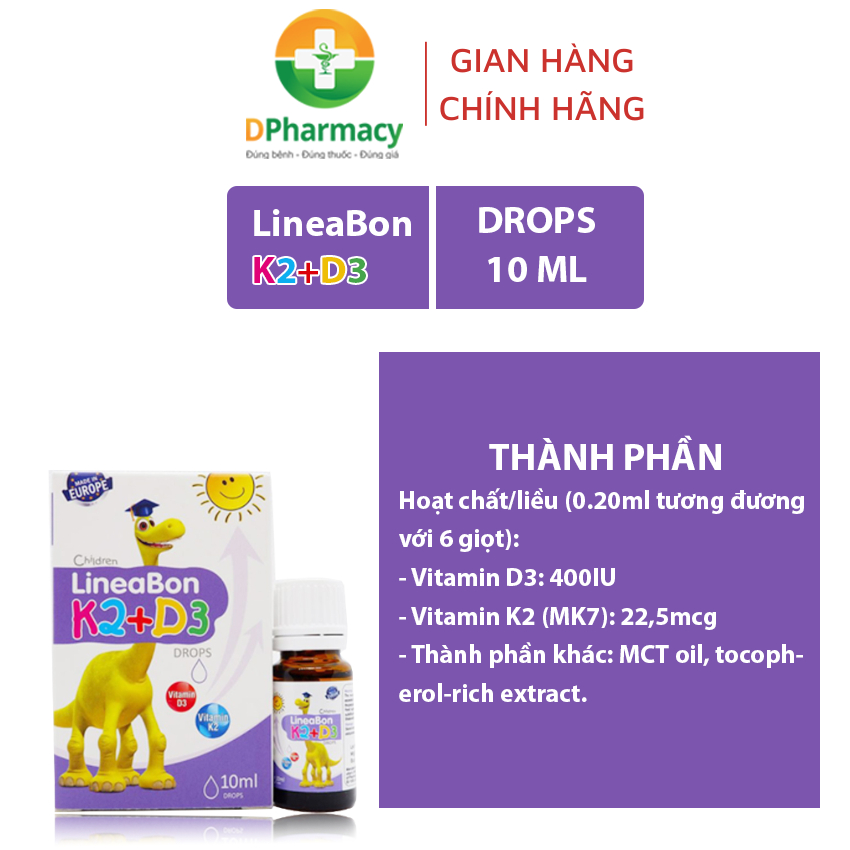 LineaBon vitamin D3 K2 10ml , Vitamin tăng chiều cao cho bé chính hãng, dạng nhỏ giọt 10ml