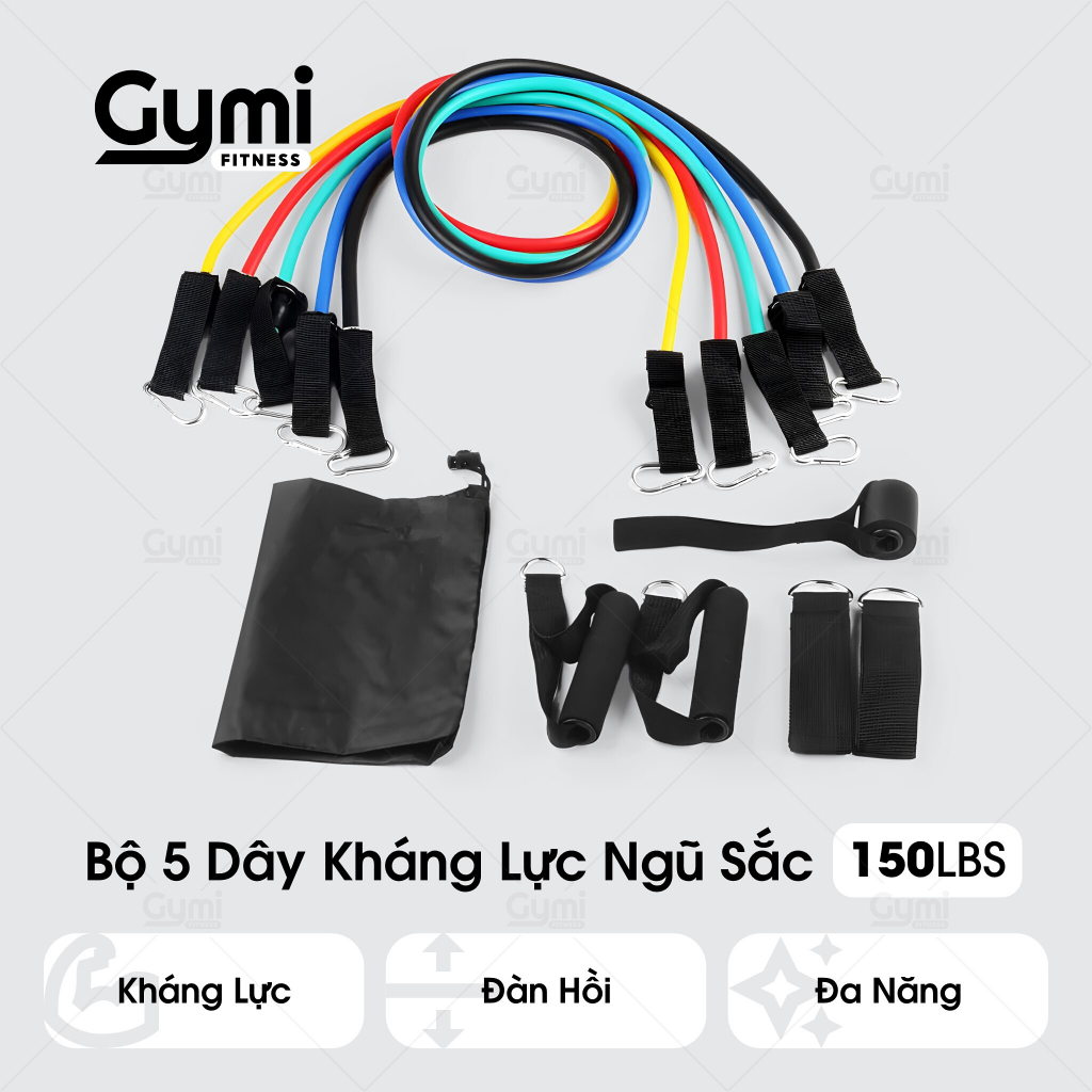 [150LBS - 11 Phụ Kiện] Bộ 5 Dây Ngũ Sắc Kháng Lực Nặng Đô Tập Thể Hình Toàn Thân Kèm Neo Cửa, Đá Đùi - NguSac150LBS
