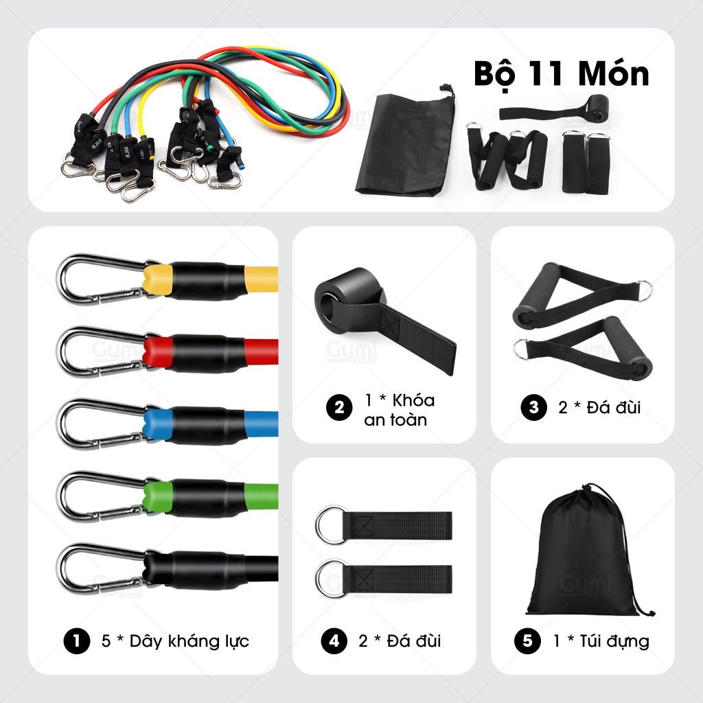 [150LBS - 11 Phụ Kiện] Bộ 5 Dây Ngũ Sắc Kháng Lực Nặng Đô Tập Thể Hình Toàn Thân Kèm Neo Cửa, Đá Đùi - NguSac150LBS