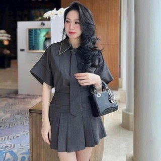 Set Bộ Đồ Nữ Thiết Kế 3 Món Màu Ghi Áo Cổ Sơ Mi Đính Hạt Phối Cộc Tay Xắn Gấu Mix Chân Váy Xếp Ly Kèm Cavat Rời