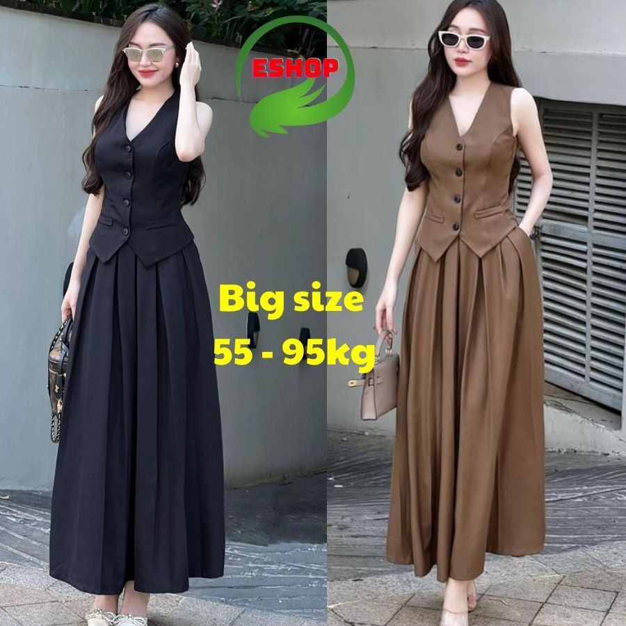 Set Chân Váy Xếp Ly Dáng Dài Bigsize 45-90kg Áo Gile Sát Nách Có Túi Sang Chảnh Thiết Kế ESHOP V68