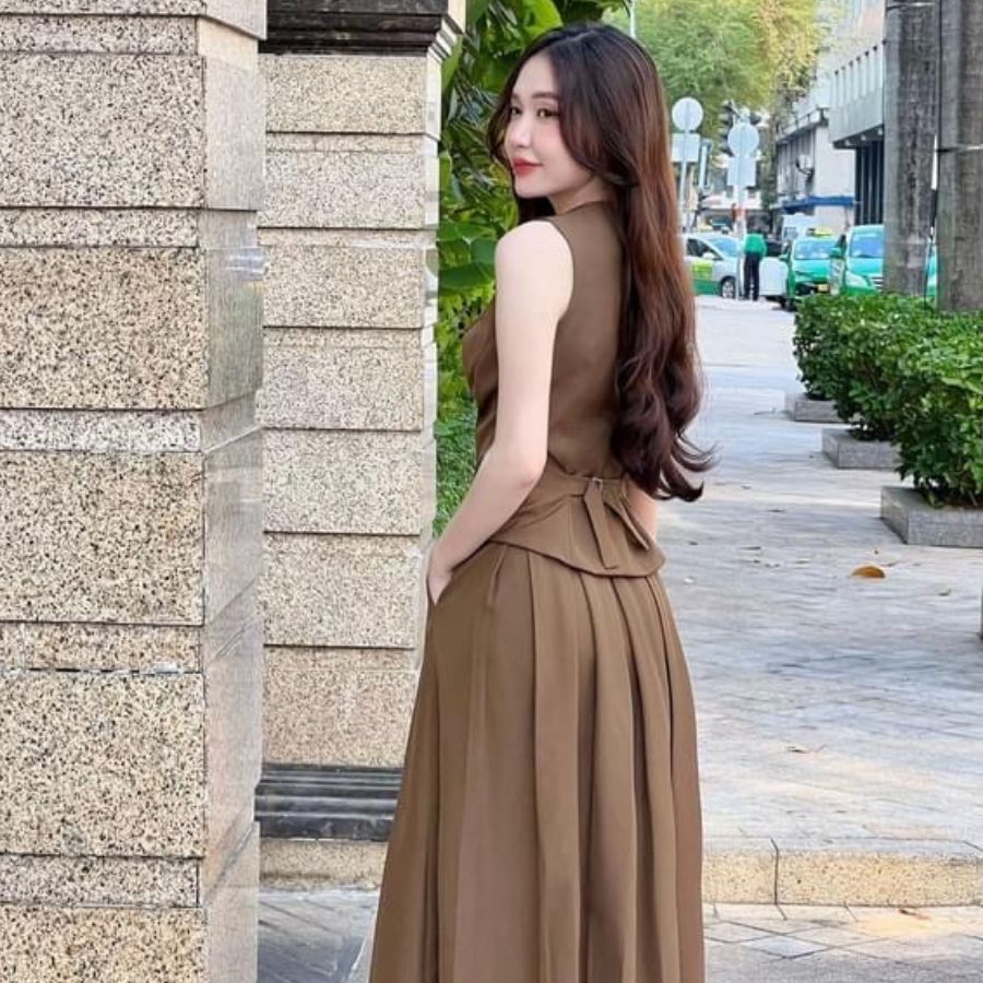 Set Chân Váy Xếp Ly Dáng Dài Bigsize 45-90kg Áo Gile Sát Nách Có Túi Sang Chảnh Thiết Kế ESHOP V68