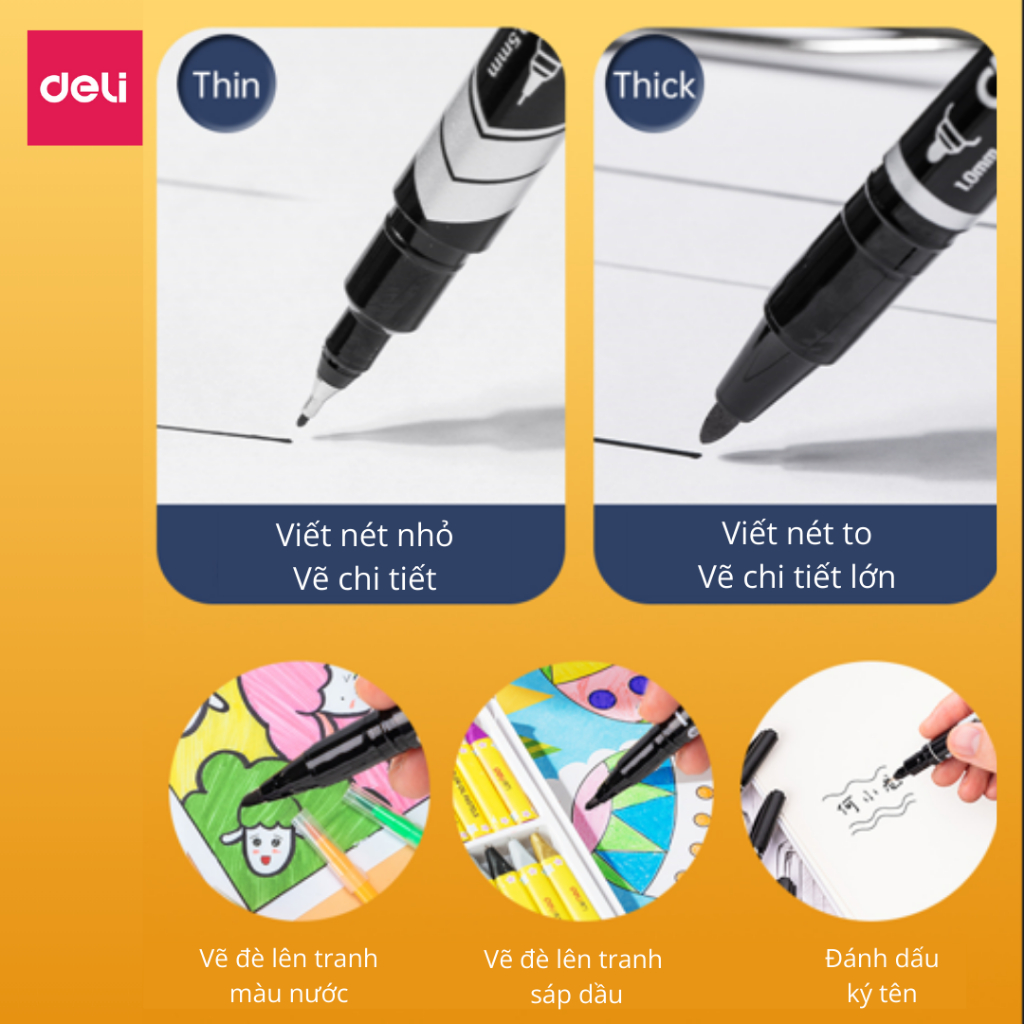 [TRỢ GIÁ] Combo 10 Bút Lông Dầu 2 Đầu Deli, Mực Không Trôi, Viết Trên Nhiều Bề Mặt Bút Dạ Viết Bảng Không Xoá Được