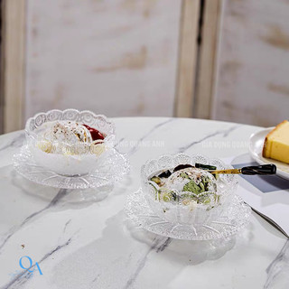 Bộ bát đĩa thuỷ tinh hoạ tiết Tiệp | Chén dĩa thuỷ tinh hoạ tiết tân cổ điển hàng loại I | Bát đựng Chè thuỷ tinh DECOR