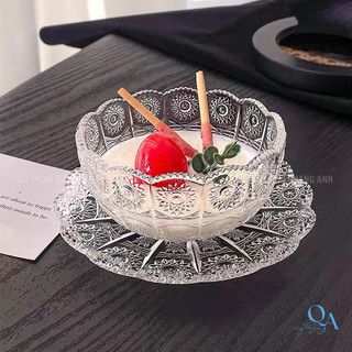 Bộ bát đĩa thuỷ tinh hoạ tiết Tiệp | Chén dĩa thuỷ tinh hoạ tiết tân cổ điển hàng loại I | Bát đựng Chè thuỷ tinh DECOR