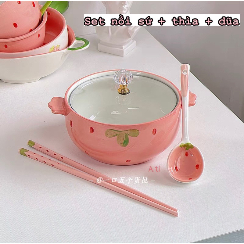 Sét Nồi Sứ Tặng Kèm Thìa Đũa Dâu Hồng Siêu Xinh | Shopee Việt Nam