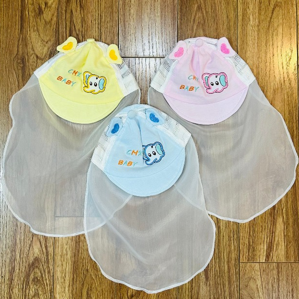 Mũ nón cho bé sơ sinh có khăn voan che mặt an toàn phối lưới hình voi cho bé 0-5 tháng mesocshop