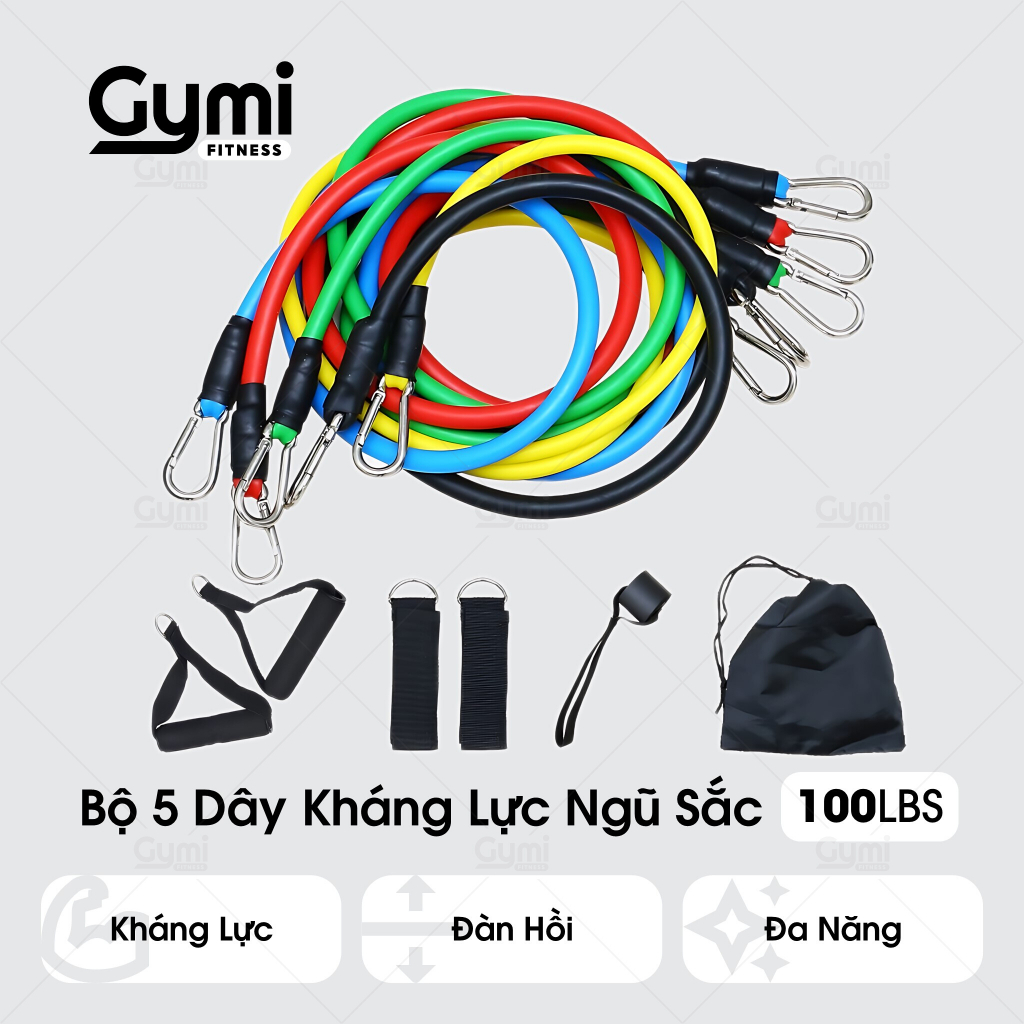 [100LBS - 11 Phụ Kiện] Bộ 5 Dây Ngũ Sắc Tập Full Body - Dụng Cụ Tập Gym Kháng Lực - NguSac100LBS