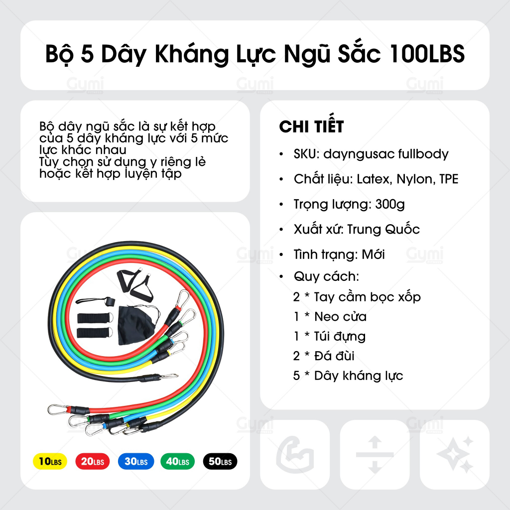 [100LBS - 11 Phụ Kiện] Bộ 5 Dây Ngũ Sắc Tập Full Body - Dụng Cụ Tập Gym Kháng Lực - NguSac100LBS