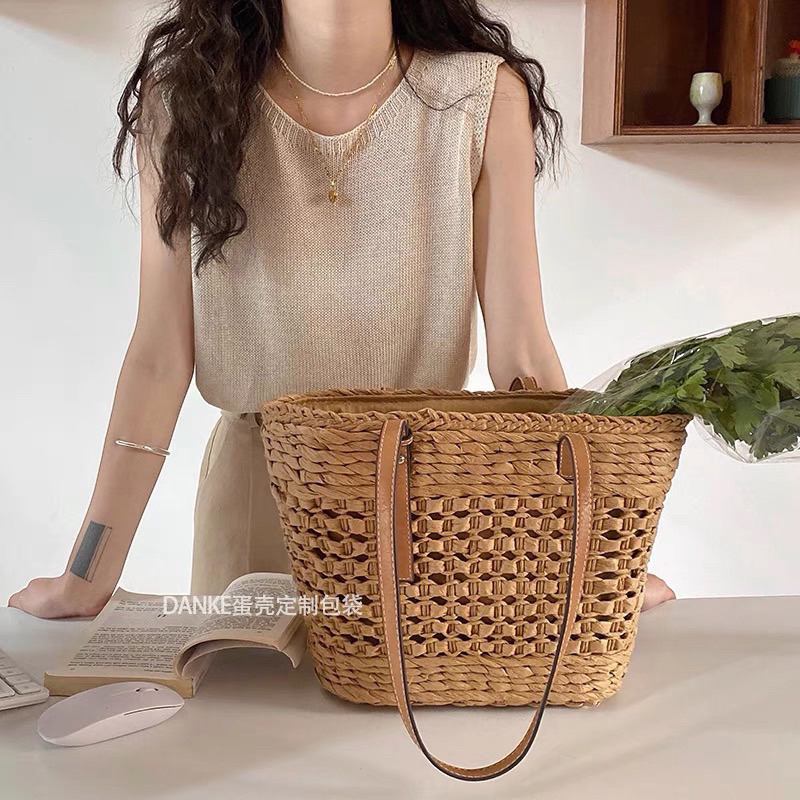 Túi Cói Đi Biển Màu be Du Lịch Thời Trang Nữ Mã Mới