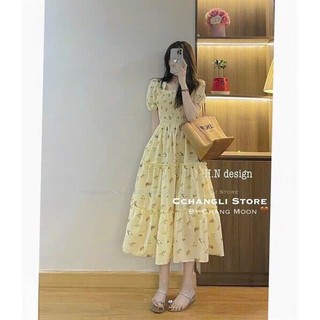Đầm dài chất sốp cổ vuông tay phồng dây cột nơ sau lưng với họa tiết hoa nhí dáng váy dài thanh lịch
