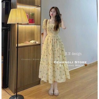 Đầm dài chất sốp cổ vuông tay phồng dây cột nơ sau lưng với họa tiết hoa nhí dáng váy dài thanh lịch