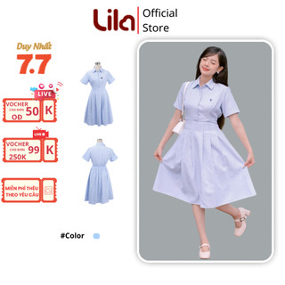 Váy sơ mi dáng dài Harmony Dress LILA thêu logo tên người yêu vải oxford váy maxi cộc tay lưng chun dáng xòe đi biển