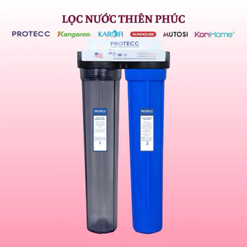 Bộ Đôi Trong - Xanh Lọc Thô Đầu Nguồn 20 Inch PROTECC Chính Hãng - Lọc Tổng, Sinh Hoạt, Giặt Đồ