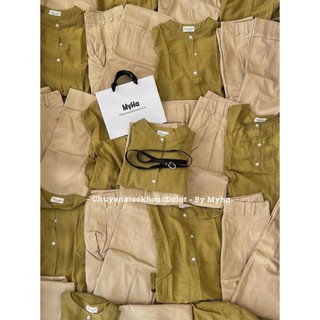 Set váy thời trang áo chất đũi vân mây cổ trụ tay dài phồng kết hợp váy kaki dài kèm đai kiểu dáng thanh lịch nữ tính