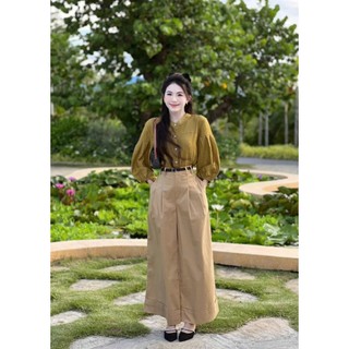 Set váy thời trang áo chất đũi vân mây cổ trụ tay dài phồng kết hợp váy kaki dài kèm đai kiểu dáng thanh lịch nữ tính