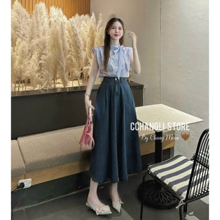 Set váy thời trang áo sọc lụa sát tay cổ trụ kèm nơ cổ váy jean cứng dáng váy xòe kiểu dáng thanh lịch nữ tính