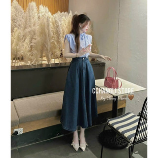 Set váy thời trang áo sọc lụa sát tay cổ trụ kèm nơ cổ váy jean cứng dáng váy xòe kiểu dáng thanh lịch nữ tính