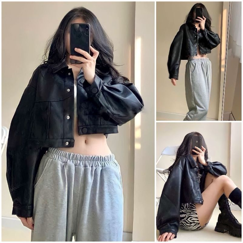 Áo khoác da croptop basic nữ phong cách cá tính trẻ loại 1 dày