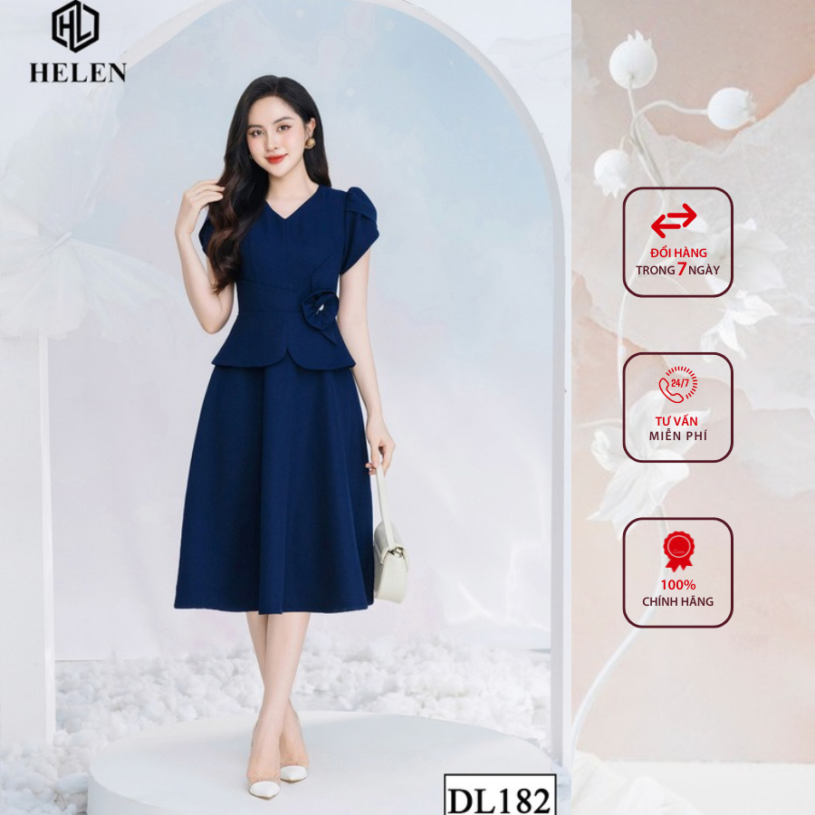 Đầm công sở HELEN thiết kế dáng xòe peplum màu xanh than cổ V đính hoa eo DL182