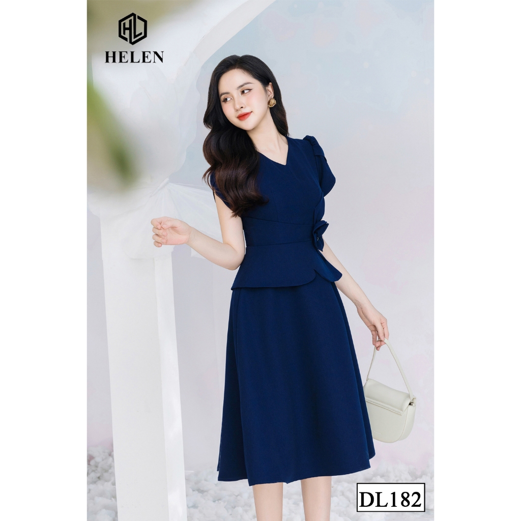 Đầm công sở HELEN thiết kế dáng xòe peplum màu xanh than cổ V đính hoa eo DL182