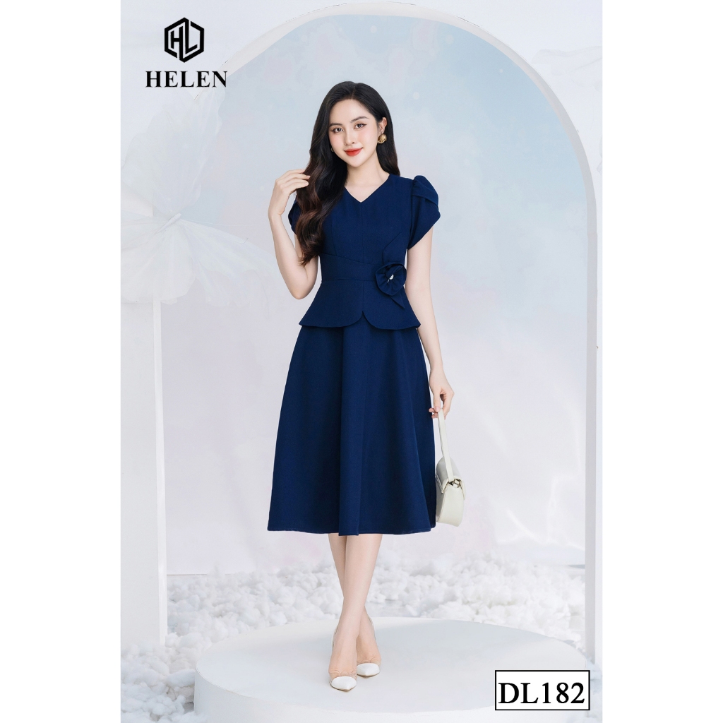 Đầm công sở HELEN thiết kế dáng xòe peplum màu xanh than cổ V đính hoa eo DL182