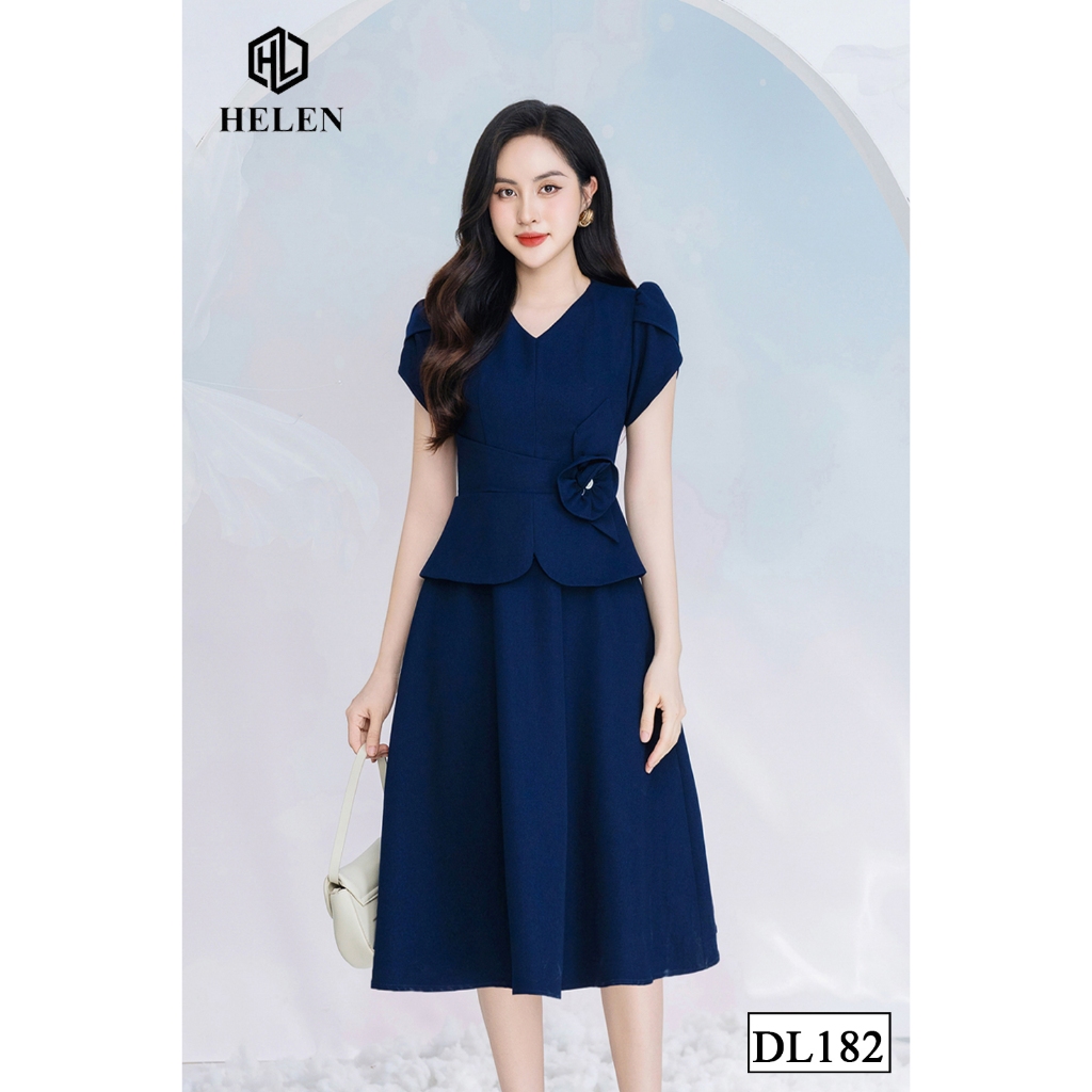 Đầm công sở HELEN thiết kế dáng xòe peplum màu xanh than cổ V đính hoa eo DL182