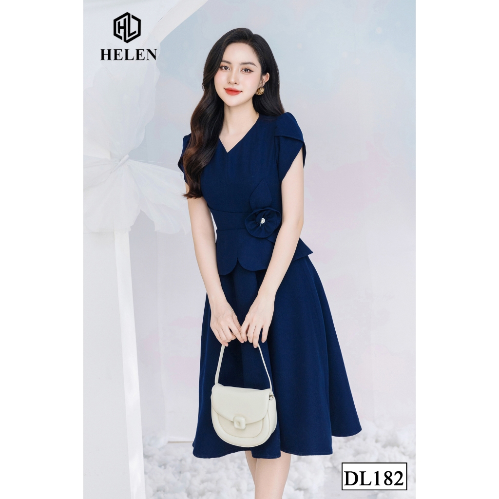 Đầm công sở HELEN thiết kế dáng xòe peplum màu xanh than cổ V đính hoa eo DL182