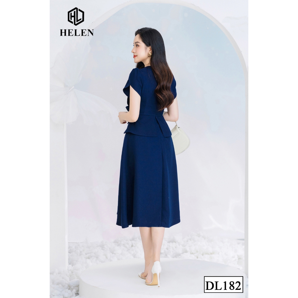 Đầm công sở HELEN thiết kế dáng xòe peplum màu xanh than cổ V đính hoa eo DL182
