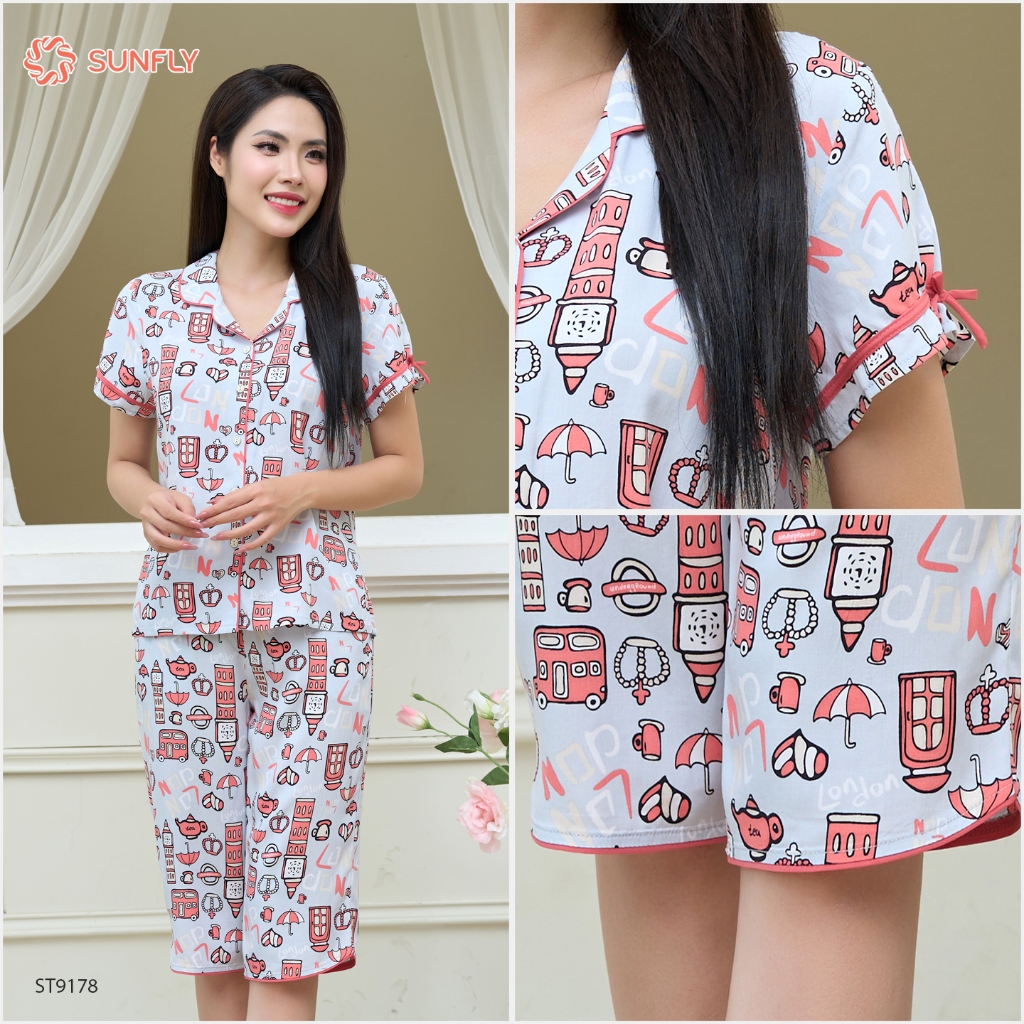Ảnh Bộ pijamas nữ SUNFLY chất lanh ht độc quyền dáng áo cộc quần ngố ST9178 3