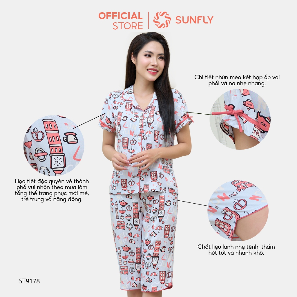 Ảnh Bộ pijamas nữ SUNFLY chất lanh ht độc quyền dáng áo cộc quần ngố ST9178 1