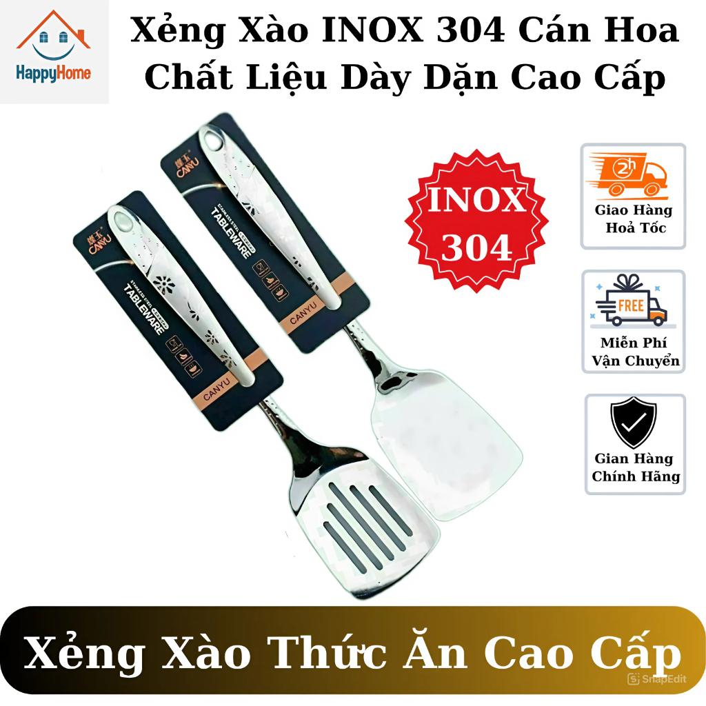 Xẻng xào thức ăn inox 304 cao cấp, xẻng lật chiên xào thức ăn cán hoa ...