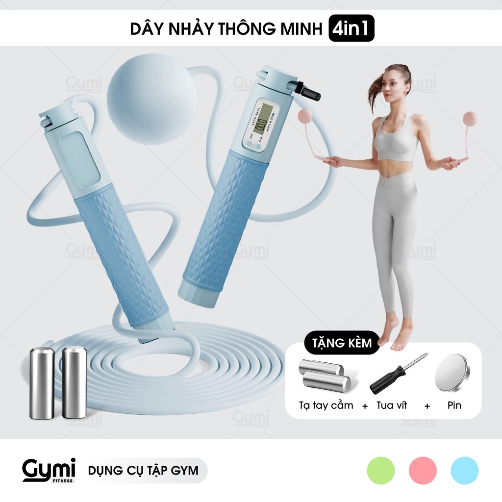 Dây Nhảy Đếm Số Cải Tiến Không Dây Tập Gym, Thể Dục, Thể Thao, Calo Kèm Bóng To - Pin - Tạ - DN06