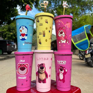 Ly giữ nhiệt 500ml hình gấu dâu chất liệu inox cao cấp 304 kèm ống hút inox