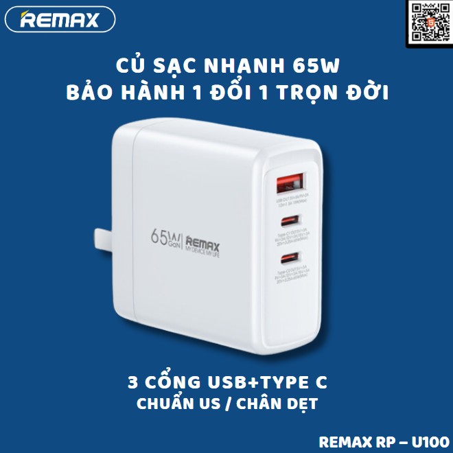 Củ sạc nhanh 65W Remax RP – U100 ( GaN ) / 3 Cổng : USB / TYPE C ...
