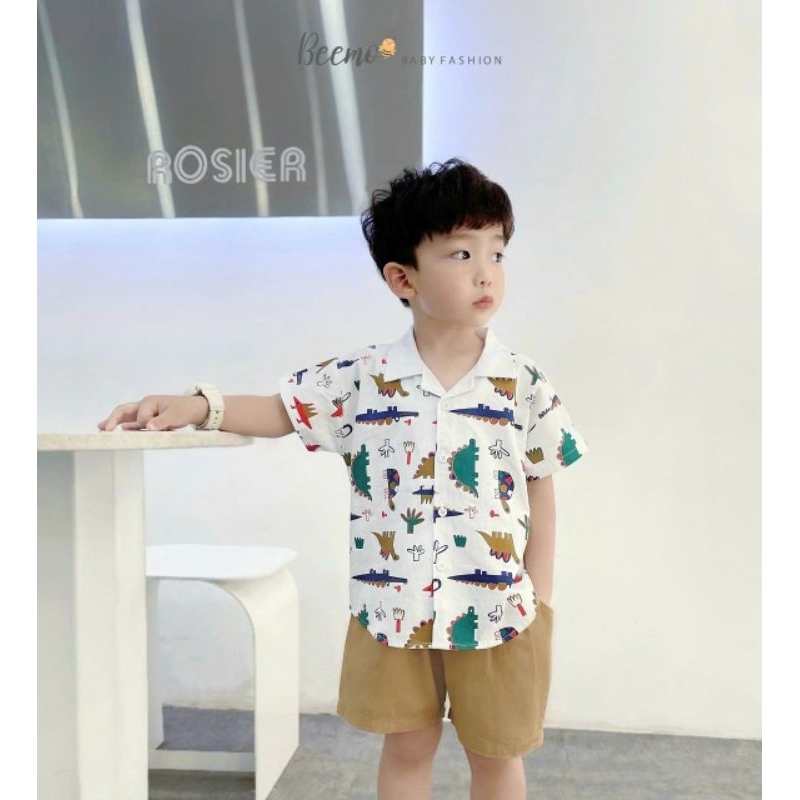(Beemo chính hãng) Set sơmi cổ ve in trần khủng long bé trai (9-25 kg)